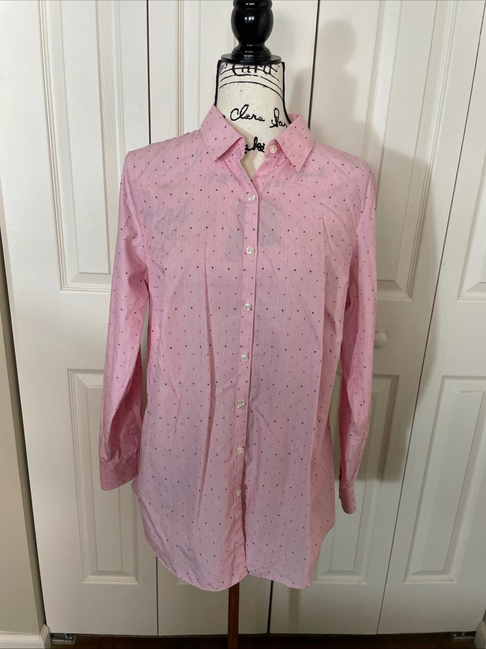 Lands’ End No Iron Supima Oxford Pink Polka Dot Button Down Shirt Womens 16 W